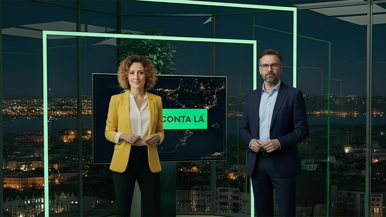 Imagem virtual dos dois comentadores virtuaisda noite eleitoral do Conta Lá (uma senhora e um senhor) gerados por IA