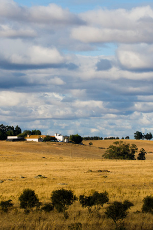 Paisagem de uma planície alentejana, com uma pequena povoação em fundo